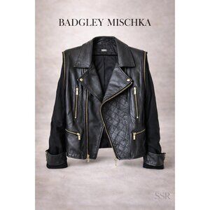 Badgley Mischka Black Leather Moto Jacket ZipOff Sleeves Convertible Vest Sx XL